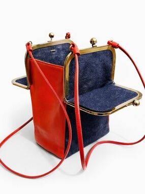 1970s Bonnie Cashin for Coach Red Leather Denim Double Entry Swinger Bag Rare
